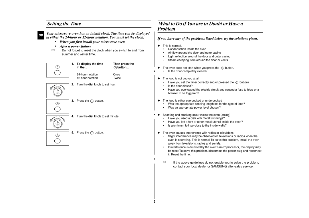 Samsung CE287DN/GEN manual Setting the Time, What to Do if You are in Doubt or Have a Problem, To display the time, Button 