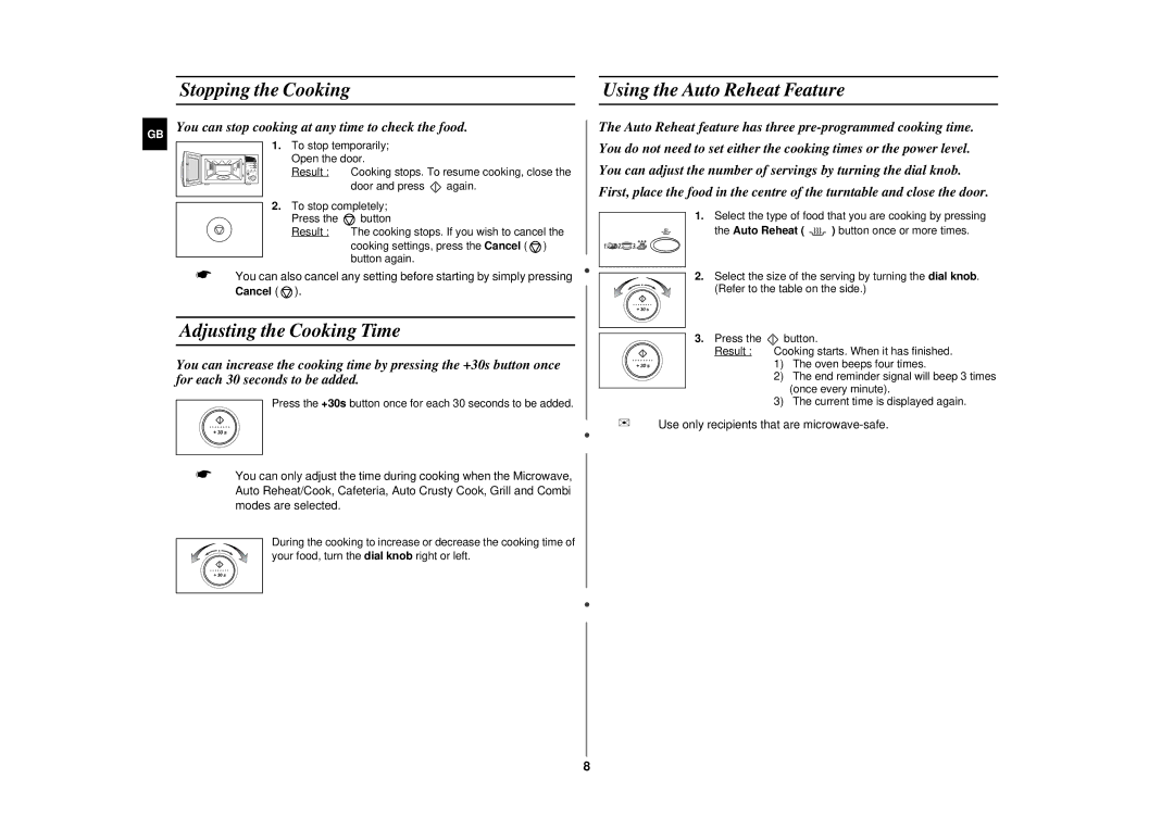 Samsung CE287DN-1/XEH, CE287DN/GEN manual Stopping the Cooking Using the Auto Reheat Feature, Adjusting the Cooking Time 