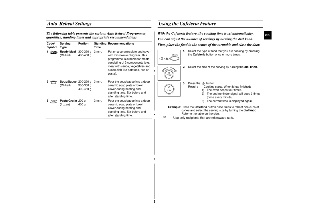 Samsung CE287DN/GEN, CE287DN/XEH, CE287DN-1/XEH Auto Reheat Settings Using the Cafeteria Feature, Soup/Sauce, Pasta Gratin 