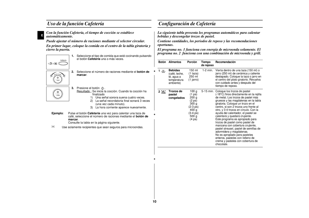 Samsung CE287DN/XEC manual Uso de la función Cafetería, Configuración de Cafetería 