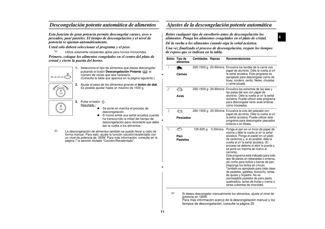 Samsung CE287DN/XEC manual Descongelación potente automática de alimentos, Ajustes de la descongelación potente automática 