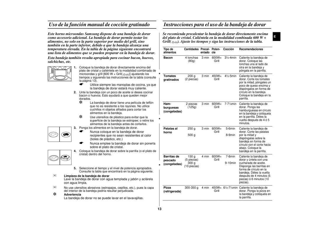 Samsung CE287DN/XEC Uso de la función manual de cocción gratinado, Instrucciones para el uso de la bandeja de dorar 