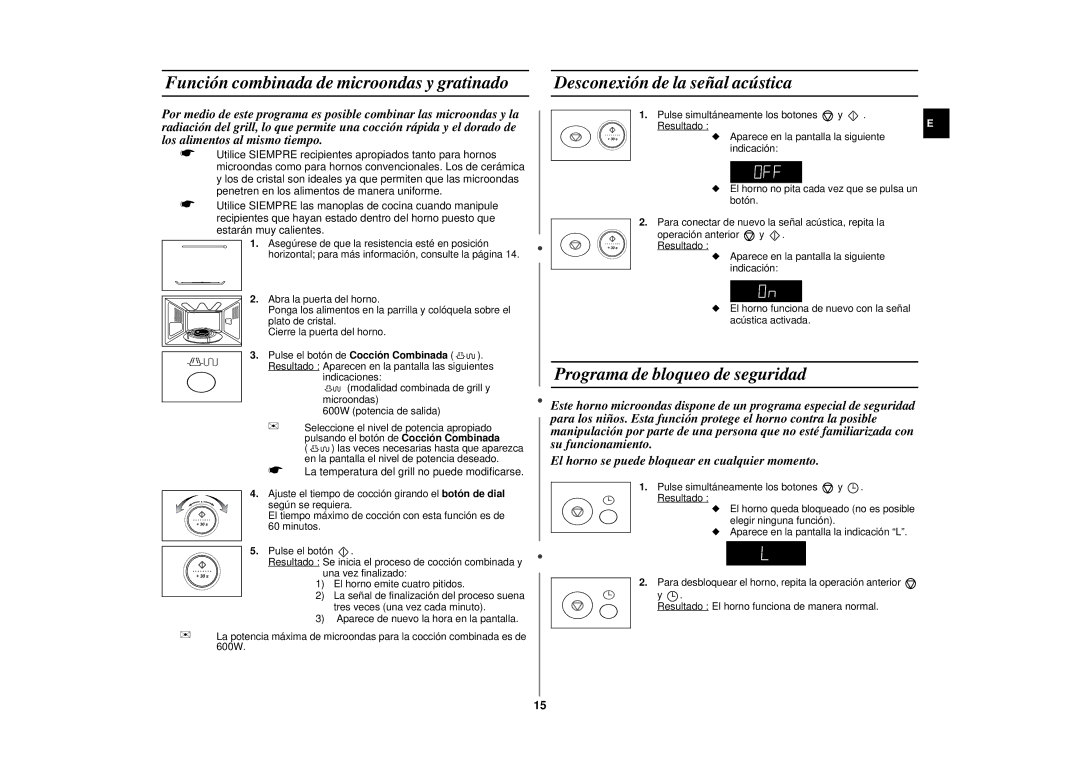 Samsung CE287DN/XEC manual Función combinada de microondas y gratinado, Desconexión de la señal acústica 