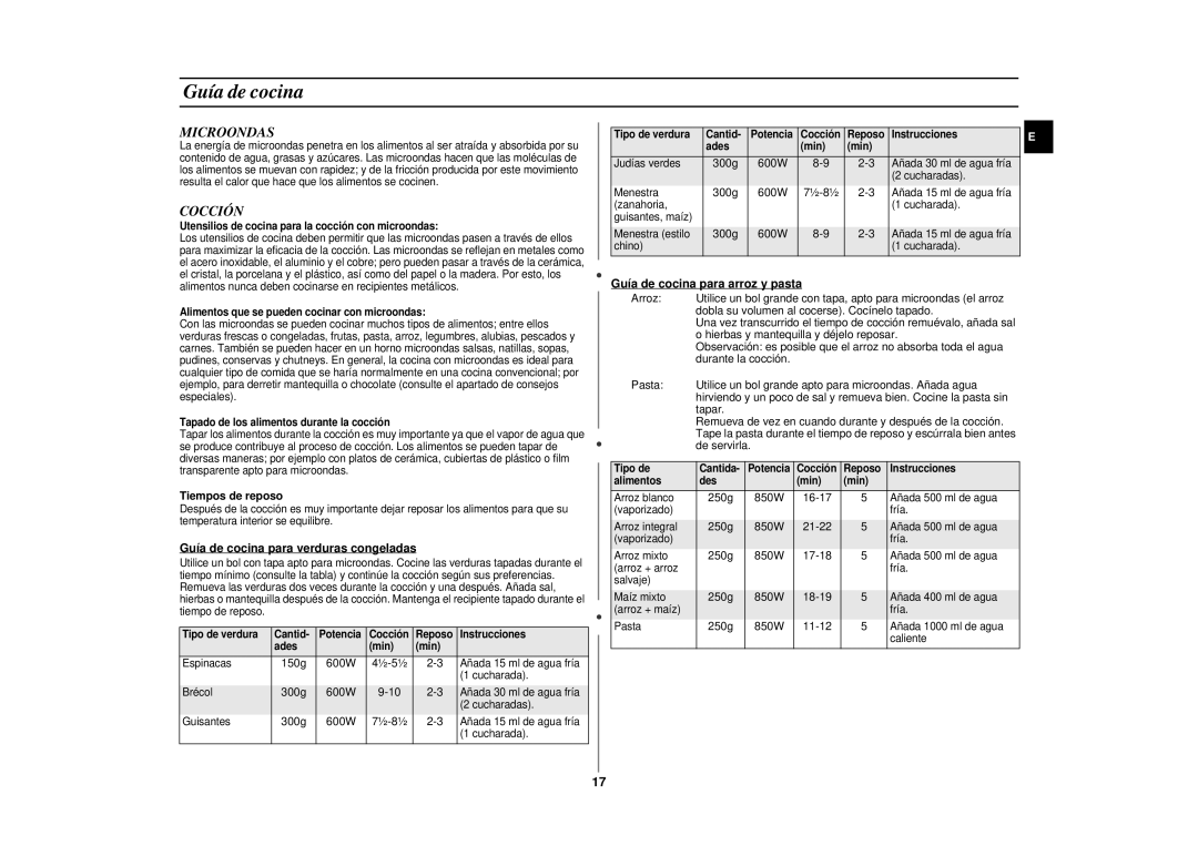 Samsung CE287DN/XEC manual Guía de cocina, Microondas, Cocción 