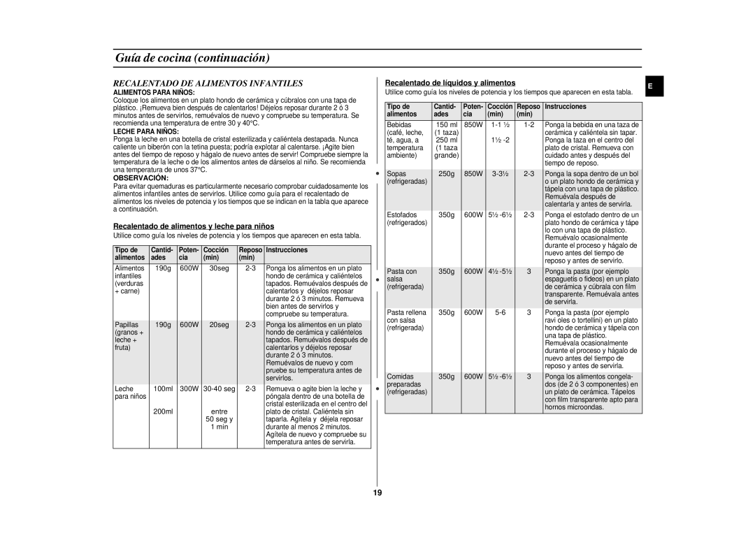 Samsung CE287DN/XEC manual Recalentado DE Alimentos Infantiles, Observación, Recalentado de alimentos y leche para niños 