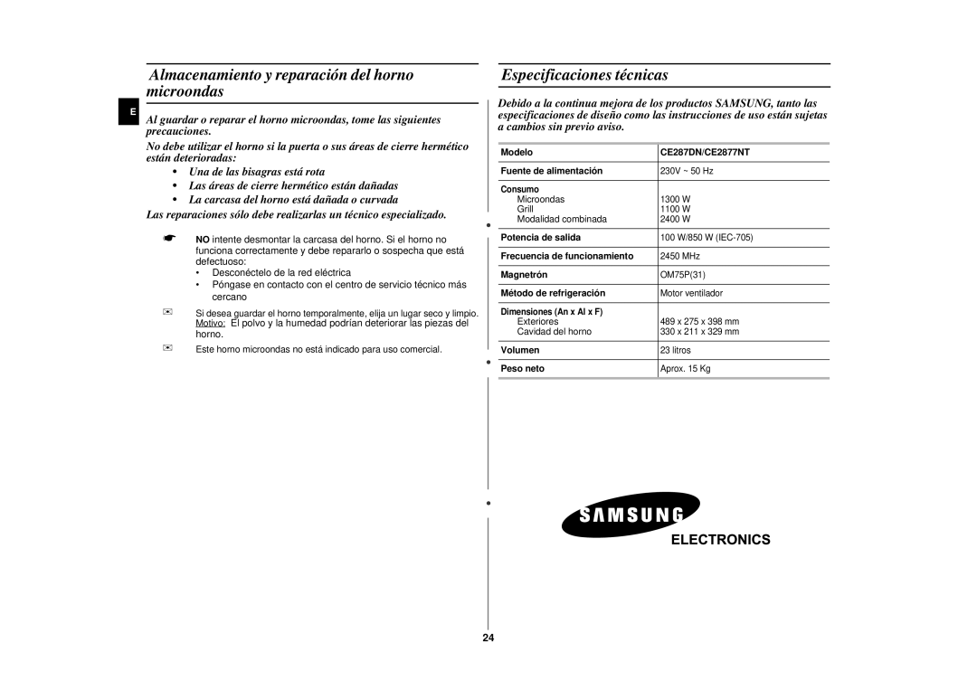 Samsung CE287DN/XEC manual Almacenamiento y reparación del horno microondas, Especificaciones técnicas 