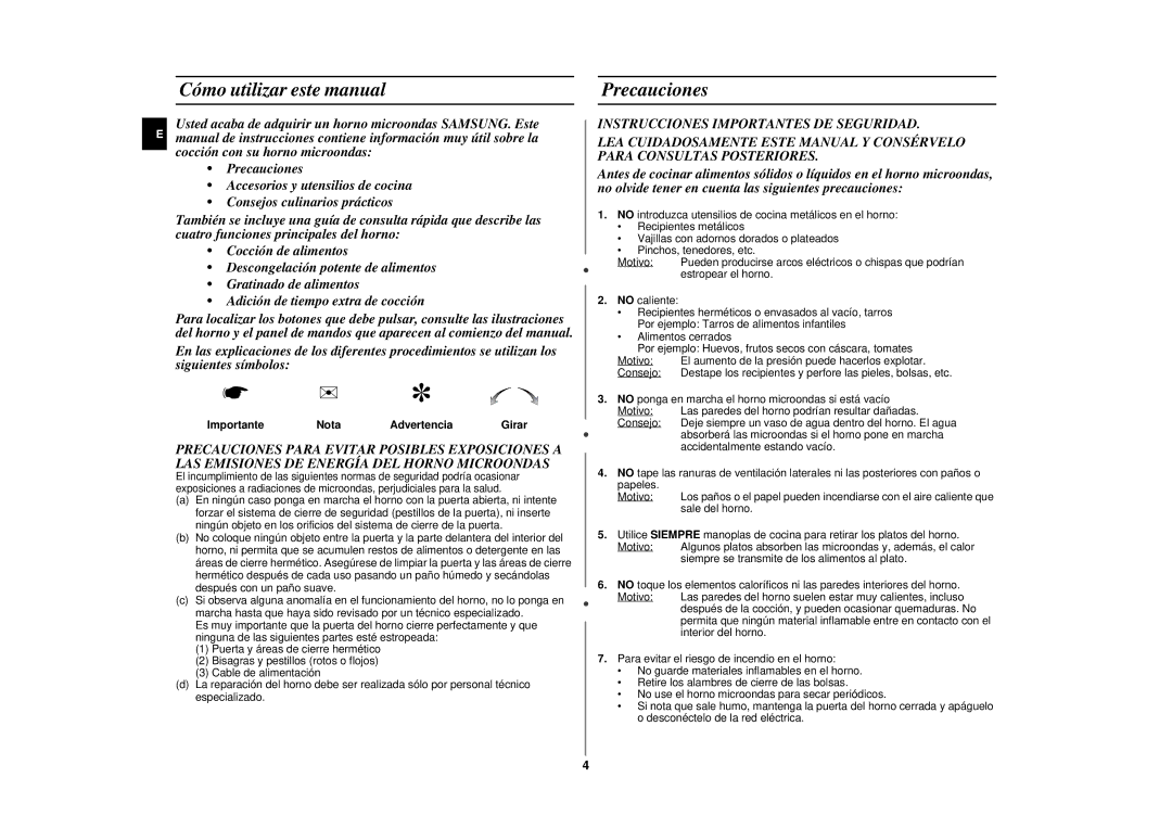 Samsung CE287DN/XEC Cómo utilizar este manual, Precauciones, Importante Nota Advertencia 