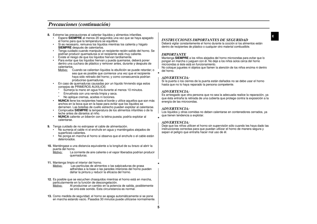 Samsung CE287DN/XEC manual Precauciones continuación, Instrucciones Importantes DE Seguridad, Advertencia 