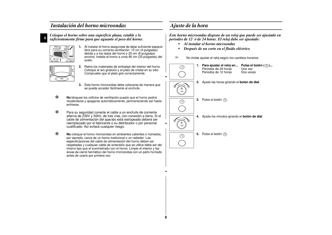 Samsung CE287DN/XEC manual Instalación del horno microondas, Ajuste de la hora, Pulse el botón 