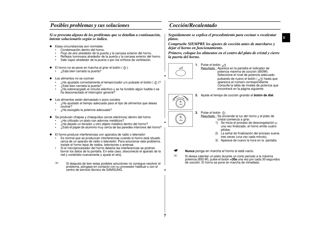 Samsung CE287DN/XEC manual Posibles problemas y sus soluciones, Cocción/Recalentado 