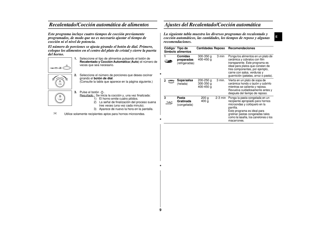 Samsung CE287DN/XEC manual Recalentado/Cocción automática de alimentos, Ajustes del Recalentado/Cocción automática 