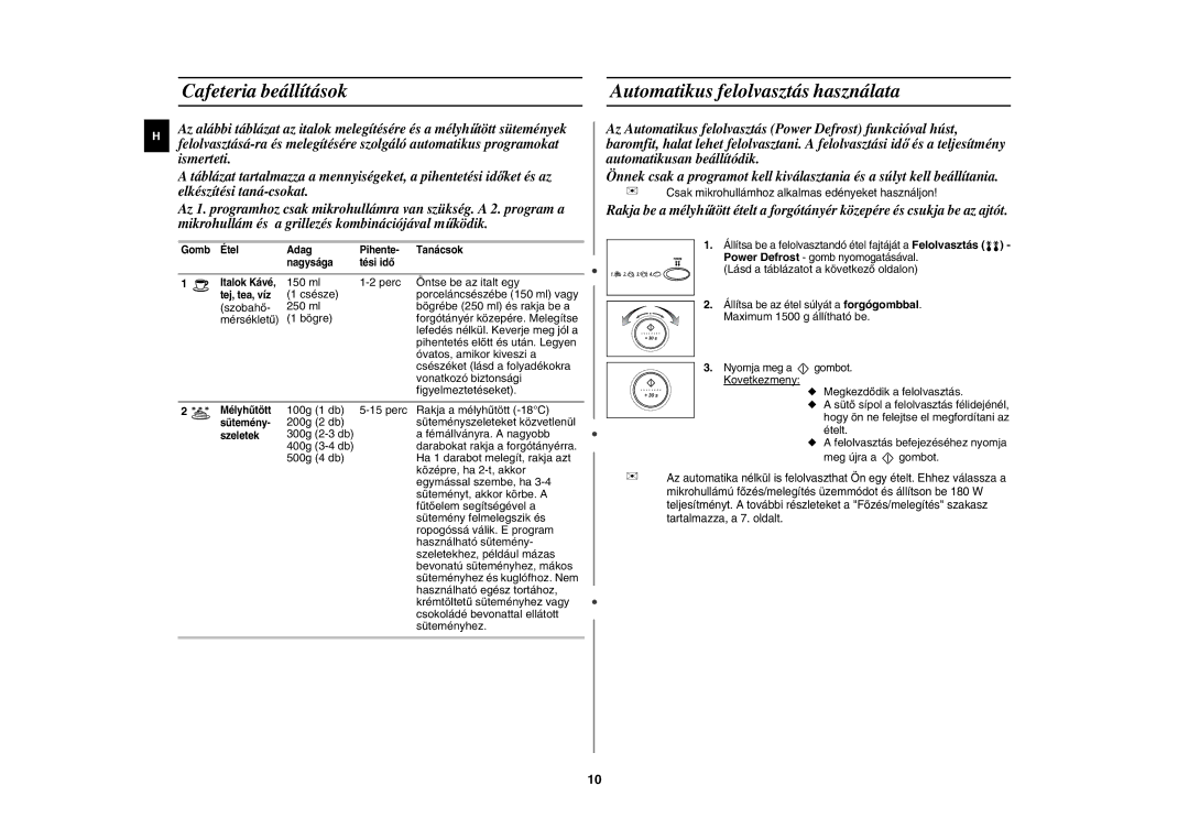 Samsung CE287DN/XEH, CE287DN-1/XEH manual Cafeteria beállítások, Automatikus felolvasztás használata 