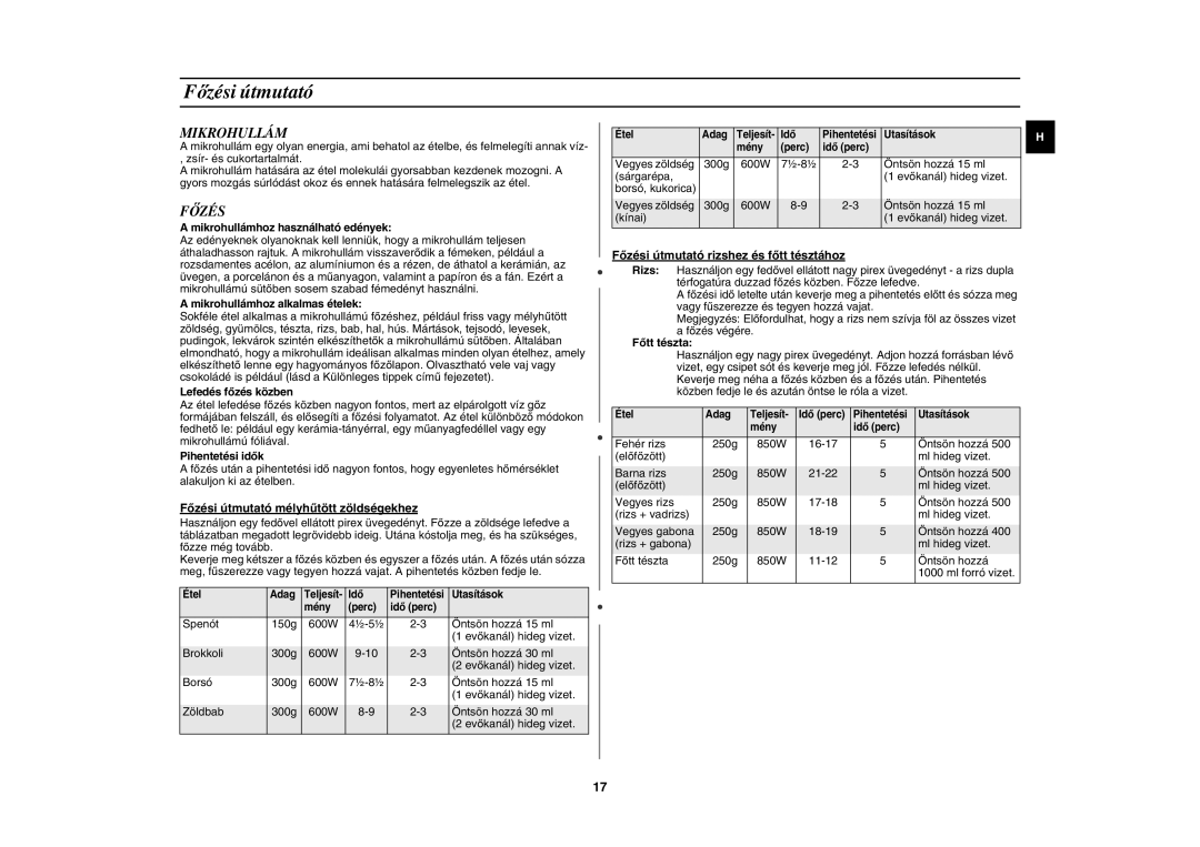 Samsung CE287DN-1/XEH, CE287DN/XEH manual Főzési útmutató, Mikrohullám 