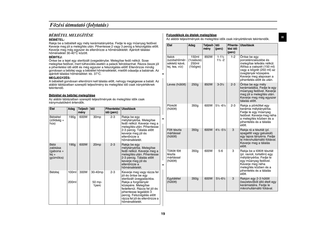 Samsung CE287DN-1/XEH, CE287DN/XEH manual Bébiétel Melegítése, Bébitej, Megjegyzés 