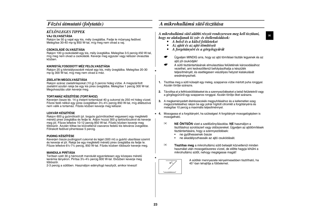 Samsung CE287DN-1/XEH, CE287DN/XEH manual Mikrohullámú sütő tisztítása, Különleges Tippek 