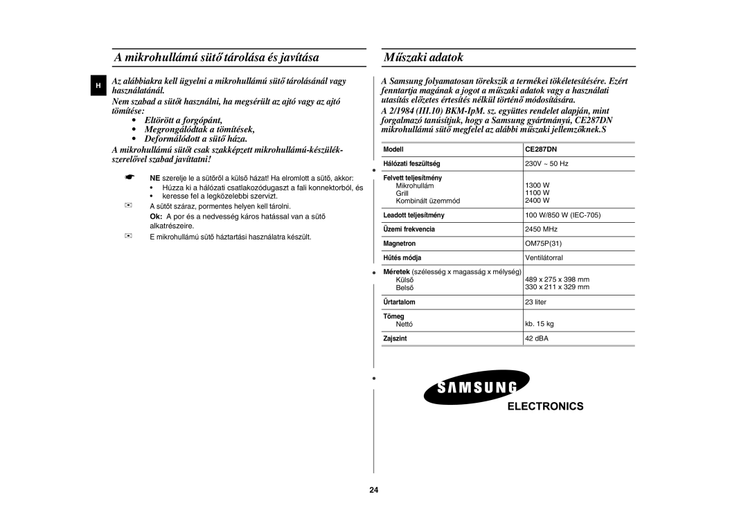 Samsung CE287DN/XEH, CE287DN-1/XEH manual Mikrohullámú sütő tárolása és javítása, Műszaki adatok 