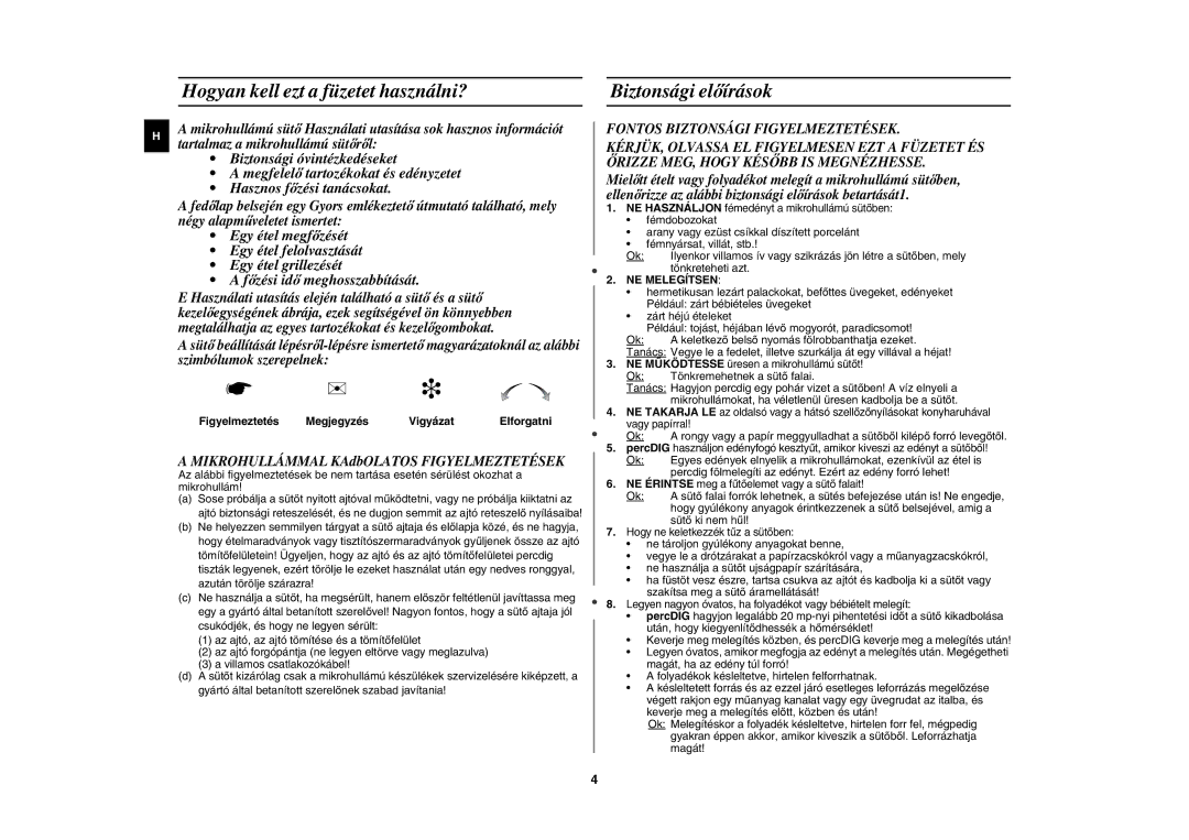 Samsung CE287DN/XEH Hogyan kell ezt a füzetet használni?, Biztonsági előírások, Mikrohullámmal KAdbOLATOS Figyelmeztetések 