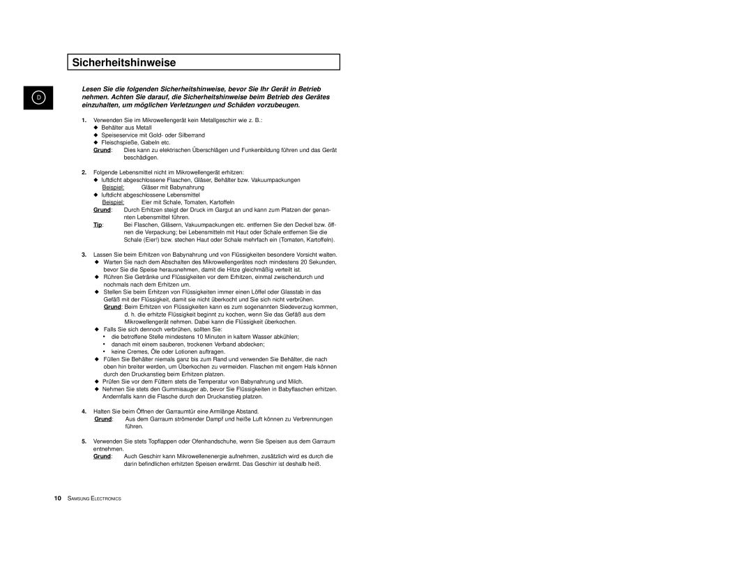 Samsung CE2913/XEG, CE2913-M/XEG, CE2913-B/XEG manual Sicherheitshinweise, Grund, Tip 