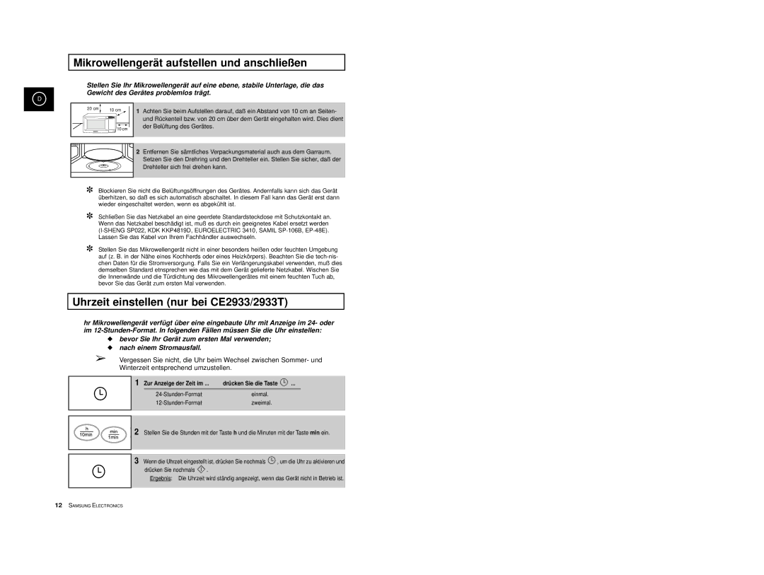 Samsung CE2913-M/XEG, CE2913/XEG manual Mikrowellengerät aufstellen und anschließen, Uhrzeit einstellen nur bei CE2933/2933T 