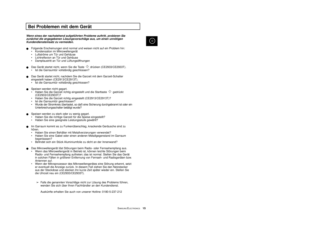 Samsung CE2913-M/XEG, CE2913/XEG, CE2913-B/XEG manual Bei Problemen mit dem Gerät, Kundendiensteinsatz zu vermeiden 