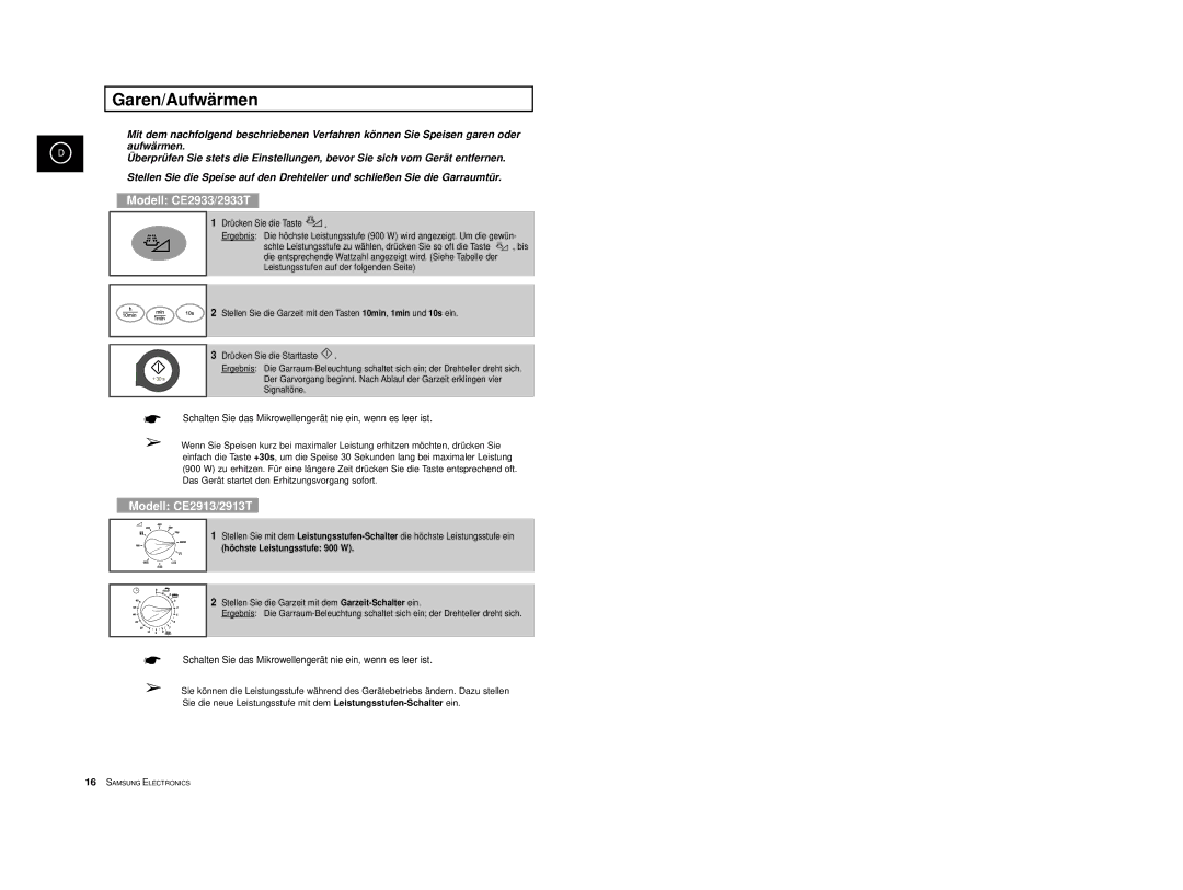 Samsung CE2913/XEG, CE2913-M/XEG, CE2913-B/XEG manual Garen/Aufwärmen, Höchste Leistungsstufe 900 W 