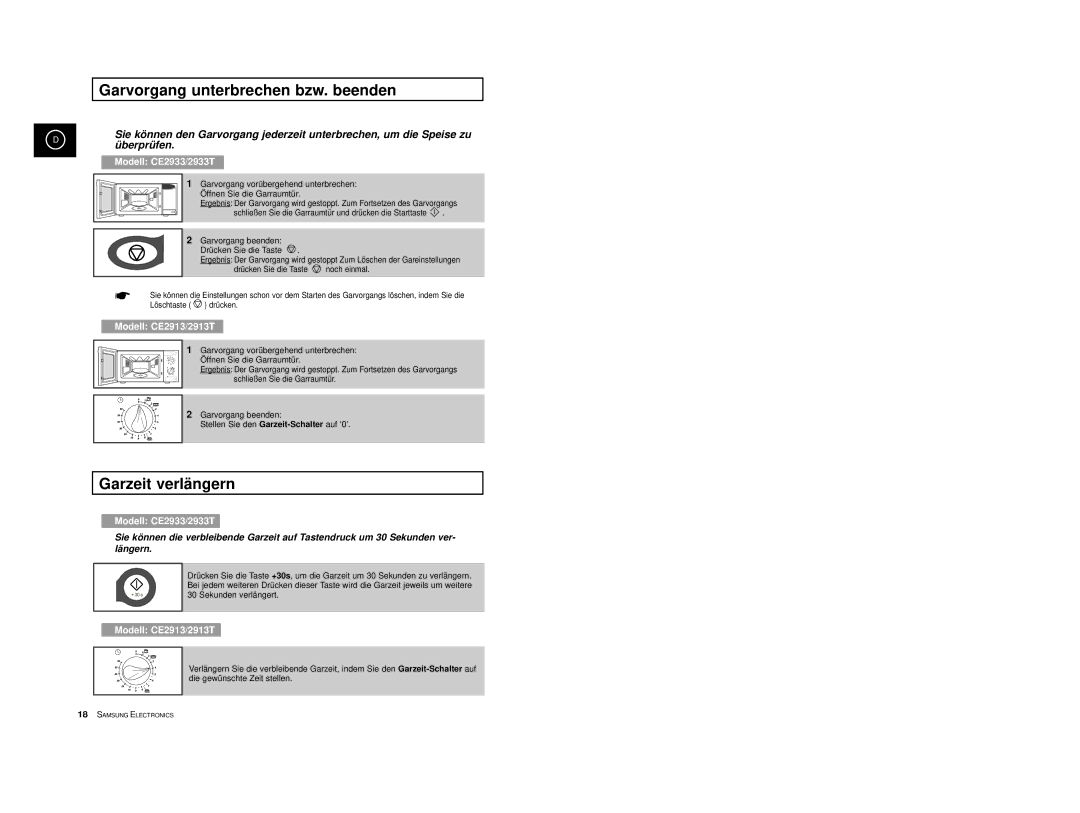 Samsung CE2913-M/XEG, CE2913/XEG, CE2913-B/XEG manual Garvorgang unterbrechen bzw. beenden, Garzeit verlängern 