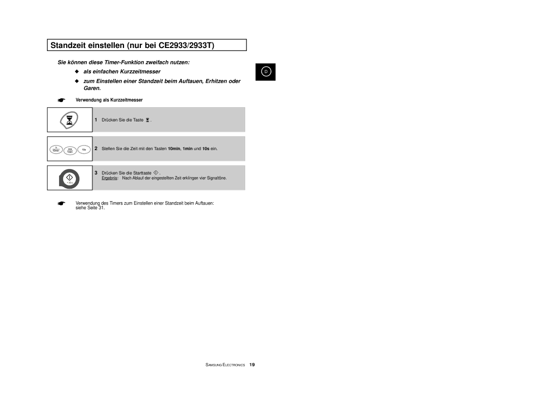 Samsung CE2913/XEG, CE2913-M/XEG, CE2913-B/XEG Standzeit einstellen nur bei CE2933/2933T, Verwendung als Kurzzeitmesser 