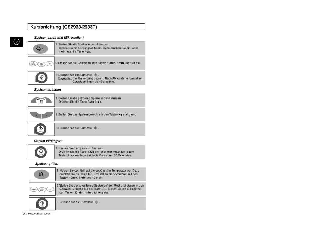 Samsung CE2913-B/XEG, CE2913-M/XEG, CE2913/XEG manual Kurzanleitung CE2933/2933T, Speisen garen mit Mikrowellen 