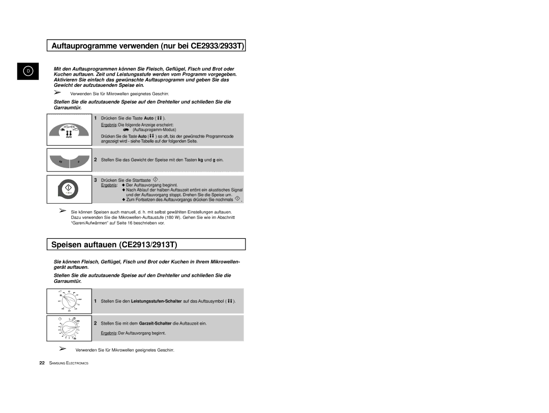 Samsung CE2913/XEG, CE2913-M/XEG manual Auftauprogramme verwenden nur bei CE2933/2933T, Speisen auftauen CE2913/2913T 