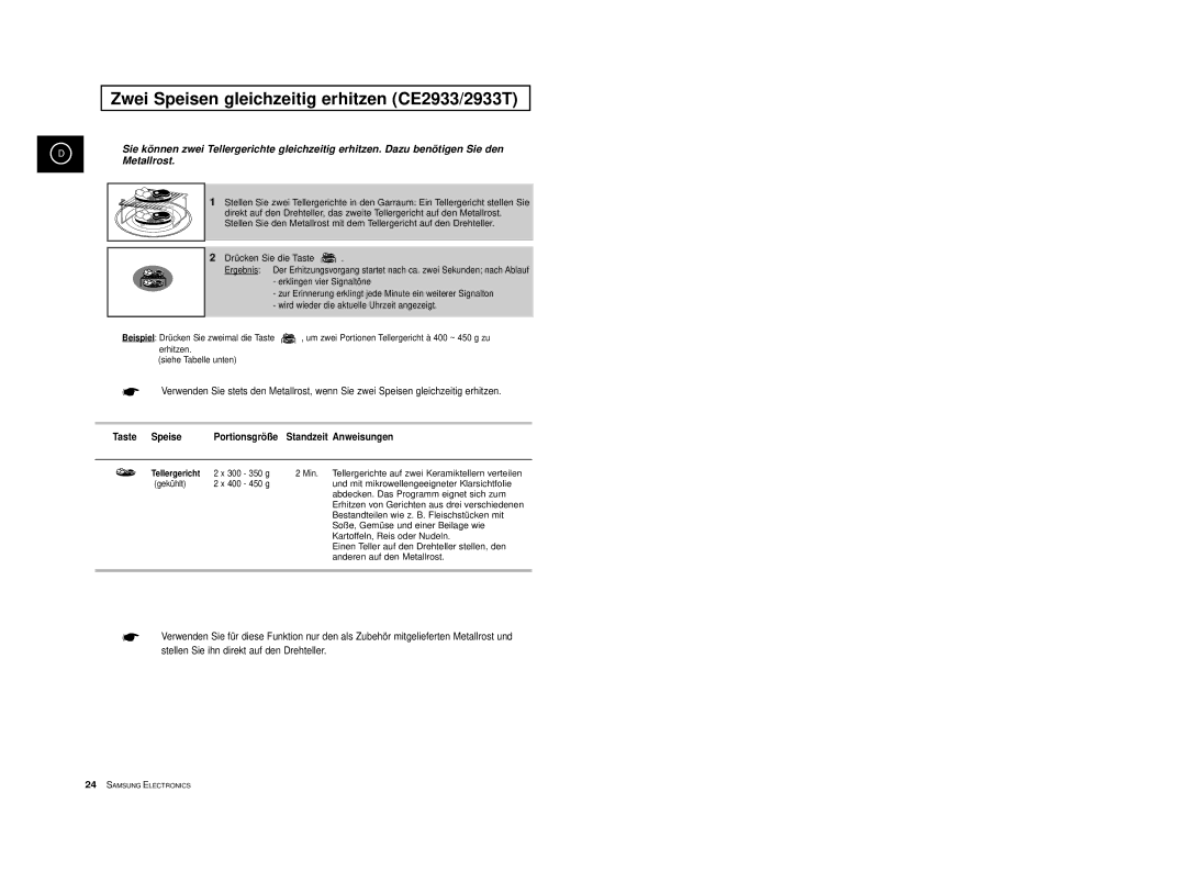 Samsung CE2913-M/XEG, CE2913/XEG Zwei Speisen gleichzeitig erhitzen CE2933/2933T, Taste Speise, Anweisungen, Standzeit 