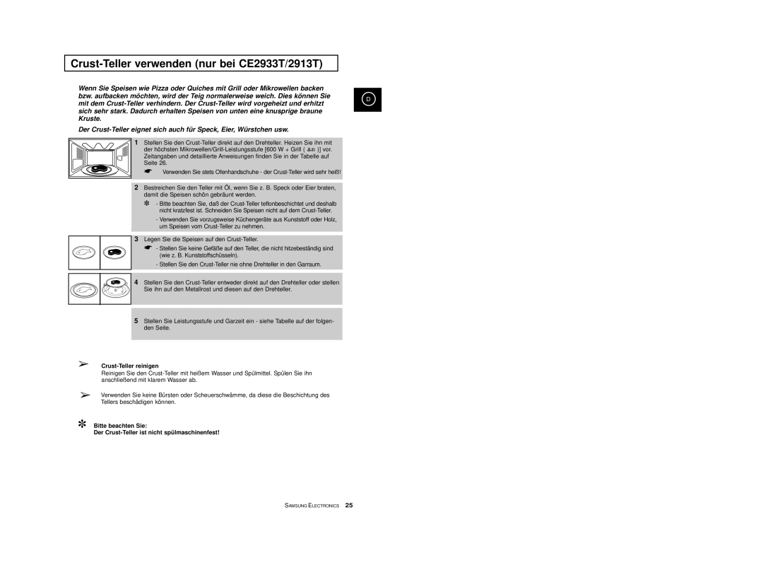 Samsung CE2913/XEG, CE2913-M/XEG, CE2913-B/XEG manual Crust-Teller verwenden nur bei CE2933T/2913T, Crust-Teller reinigen 