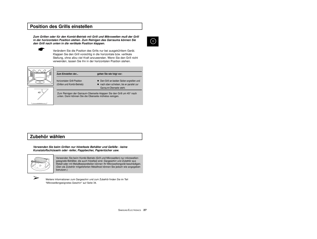 Samsung CE2913-M/XEG manual Position des Grills einstellen, Zubehör wählen, Zum Einstellen der Gehen Sie wie folgt vor 