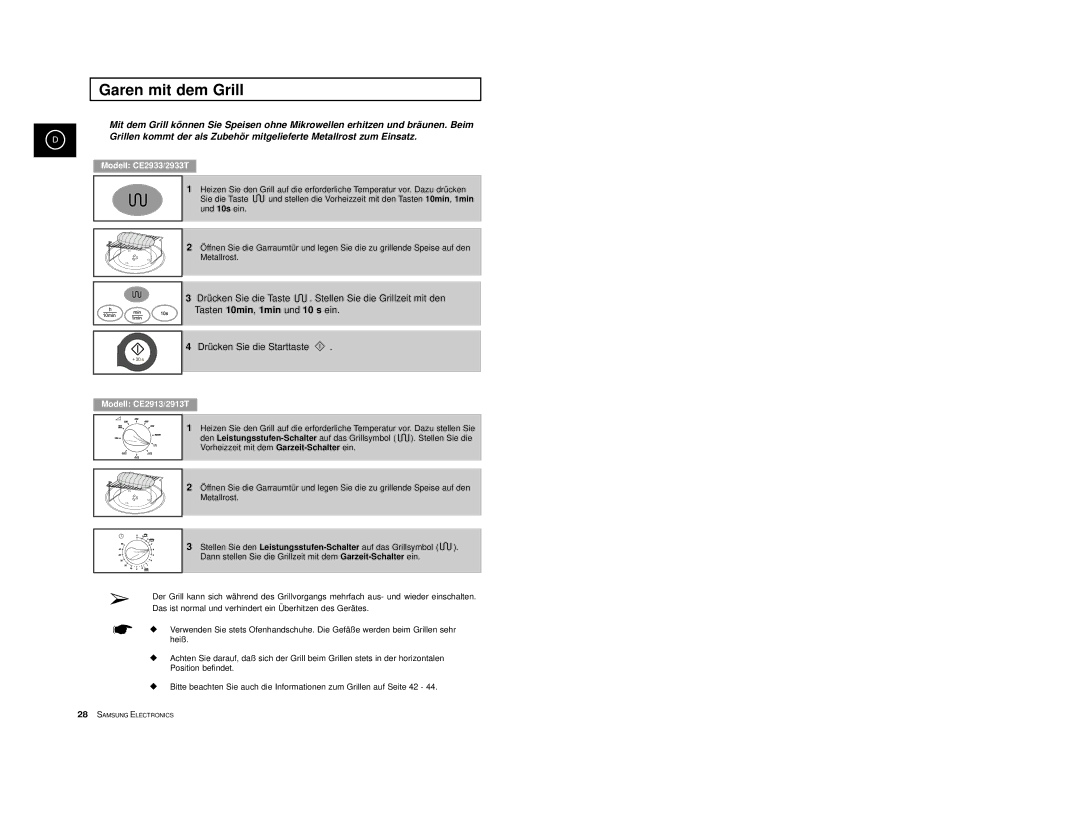 Samsung CE2913/XEG, CE2913-M/XEG, CE2913-B/XEG manual Garen mit dem Grill, Modell CE2933/2933T 