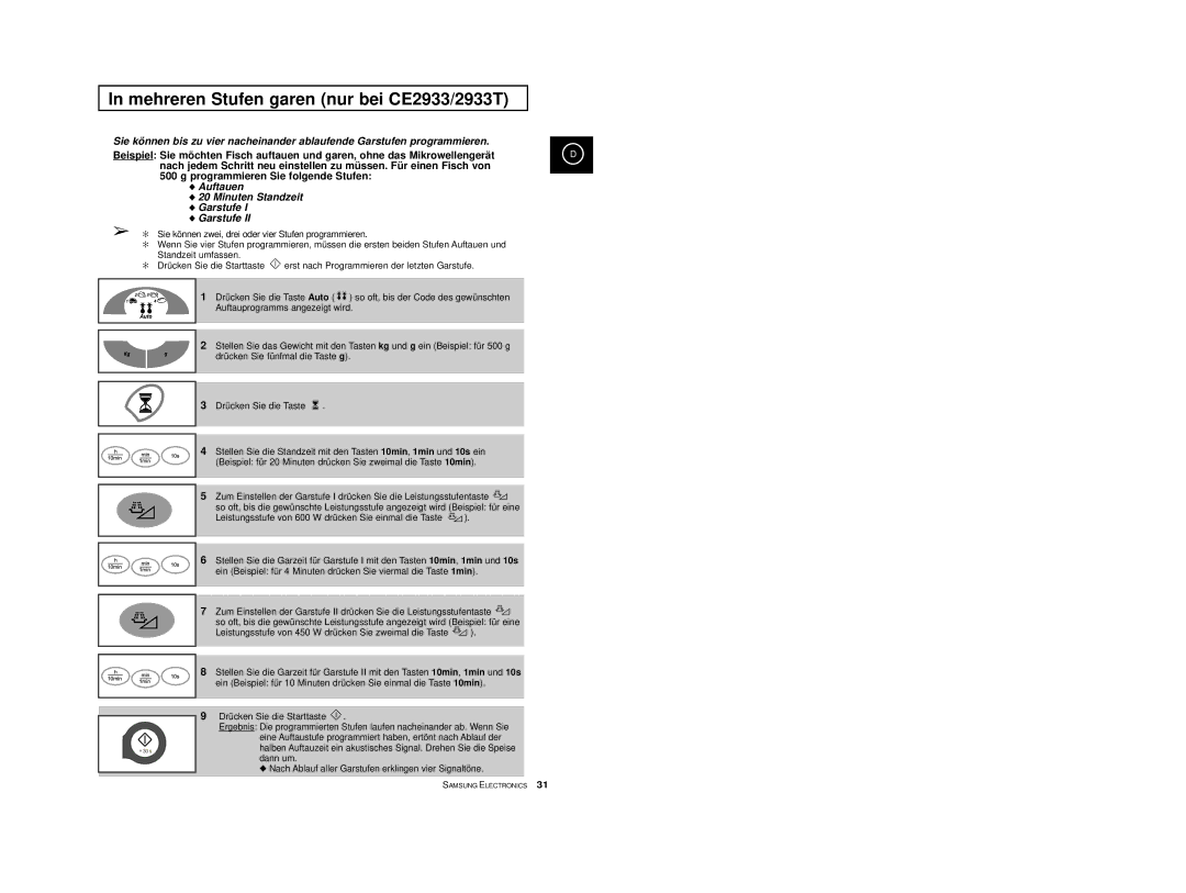 Samsung CE2913/XEG, CE2913-M/XEG manual Mehreren Stufen garen nur bei CE2933/2933T, Auftauen Minuten Standzeit Garstufe 