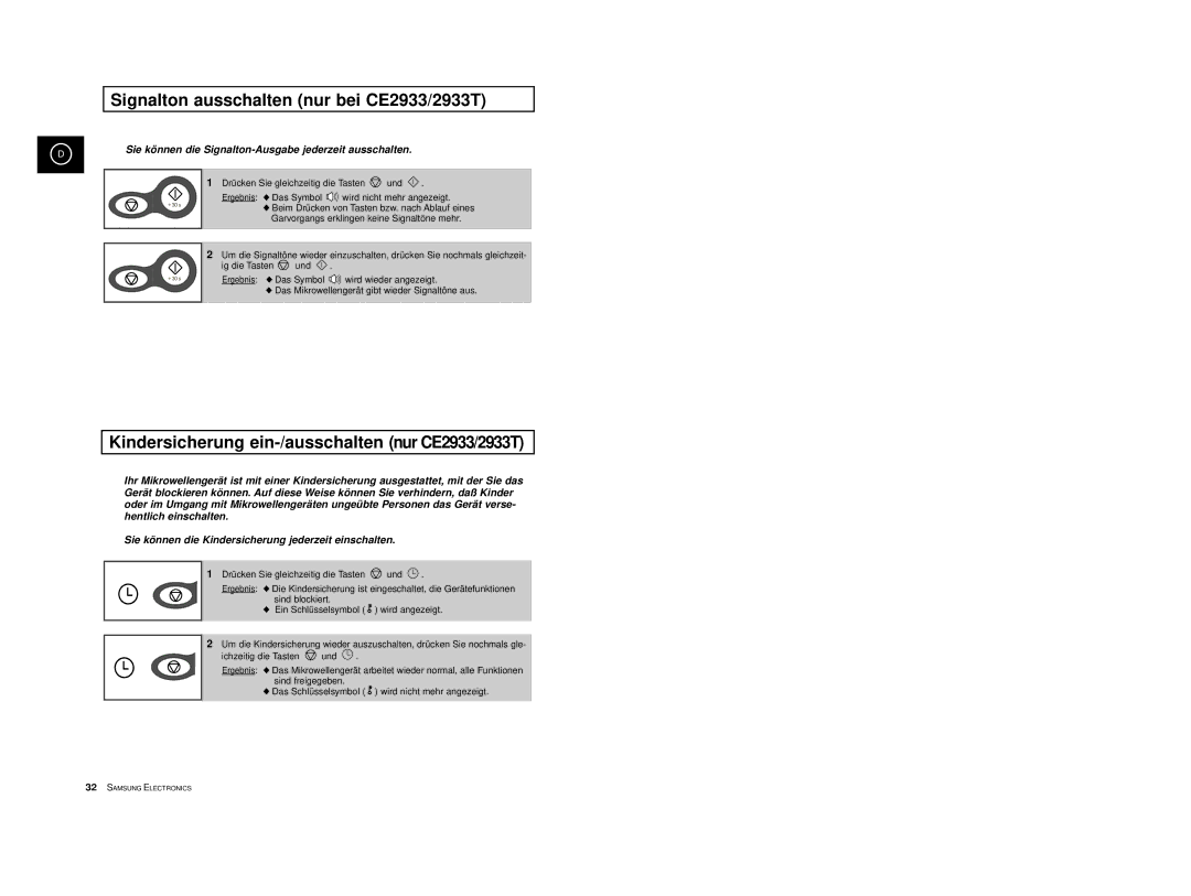 Samsung CE2913-B/XEG manual Signalton ausschalten nur bei CE2933/2933T, Kindersicherung ein-/ausschalten nur CE2933/2933T 