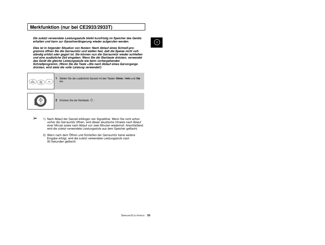 Samsung CE2913-M/XEG, CE2913/XEG, CE2913-B/XEG manual Merkfunktion nur bei CE2933/2933T 