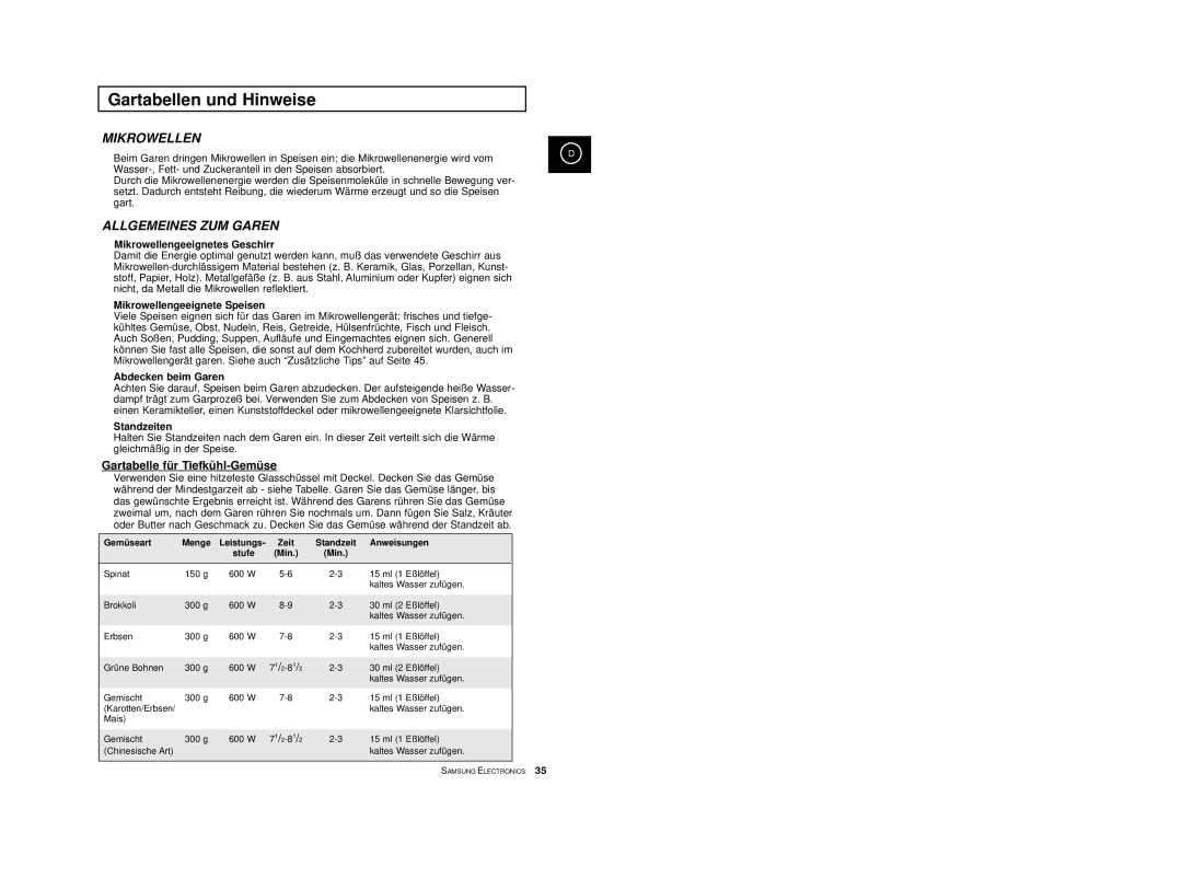 Samsung CE2913-B/XEG, CE2913-M/XEG, CE2913/XEG manual Gartabellen und Hinweise, Gartabelle für Tiefkühl-Gemüse 