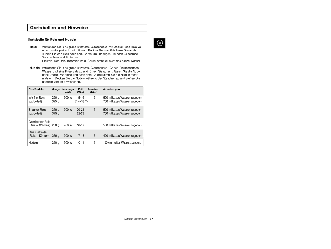 Samsung CE2913/XEG, CE2913-M/XEG, CE2913-B/XEG manual Gartabelle für Reis und Nudeln 