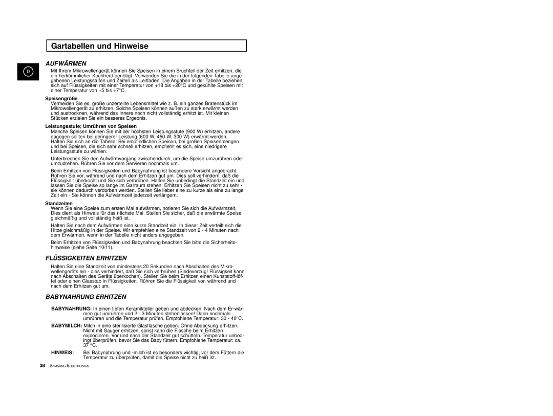 Samsung CE2913-B/XEG, CE2913-M/XEG, CE2913/XEG manual Speisengröße, Leistungsstufe Umrühren von Speisen 