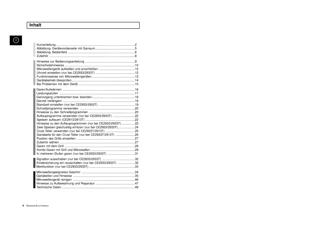 Samsung CE2913/XEG, CE2913-M/XEG, CE2913-B/XEG manual Inhalt 