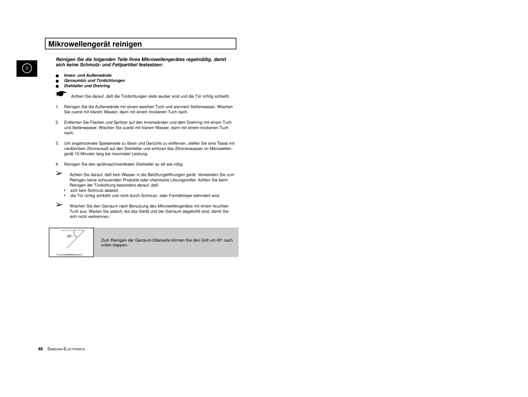 Samsung CE2913/XEG, CE2913-M/XEG, CE2913-B/XEG manual Mikrowellengerät reinigen 