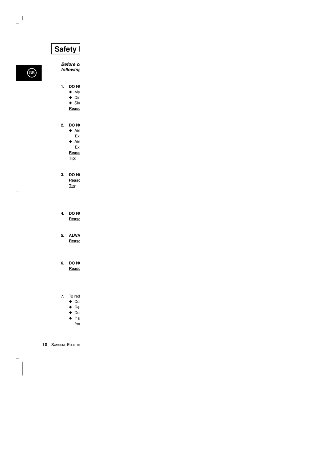 Samsung CE2913-B/XEG, CE2913-M/XEG, CE2913/XEG manual Safety, Reaso Do no, Reaso Tip Do no 