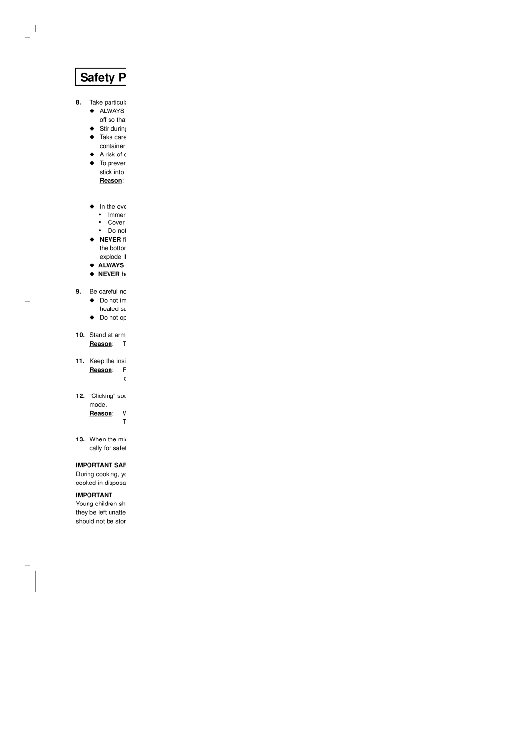 Samsung CE2913-M/XEG, CE2913/XEG, CE2913-B/XEG manual Safety P, Never h 