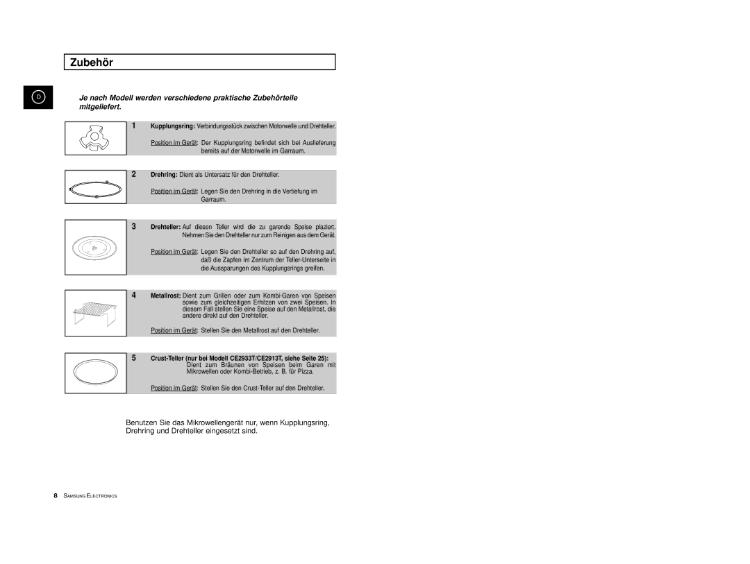 Samsung CE2913-B/XEG, CE2913-M/XEG, CE2913/XEG manual Zubehör 