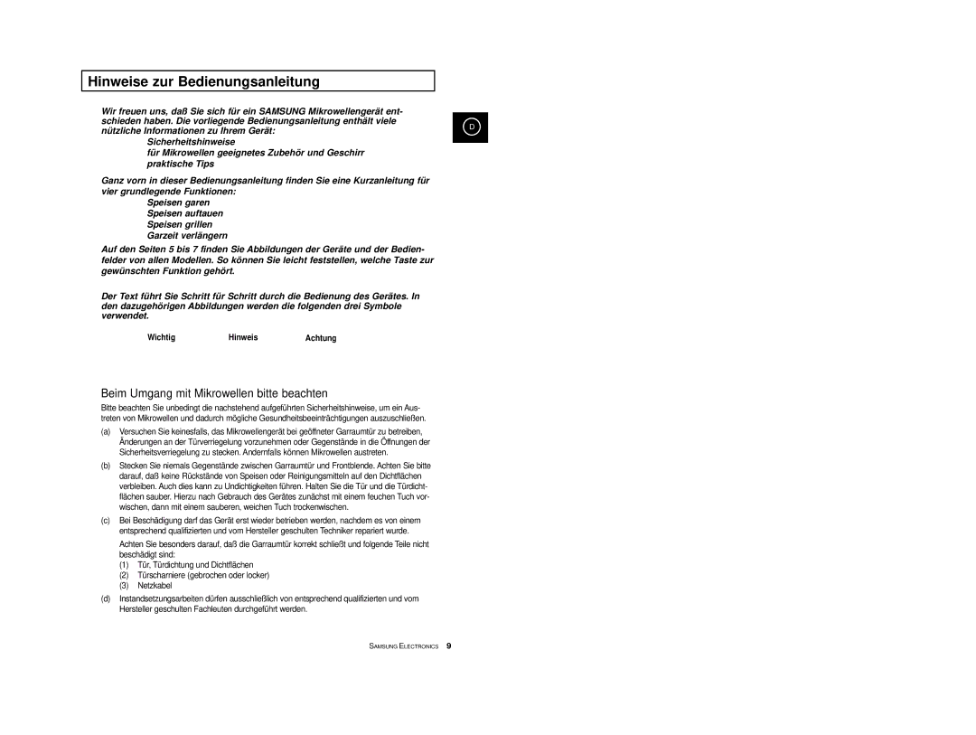 Samsung CE2913-M/XEG, CE2913/XEG, CE2913-B/XEG manual Hinweise zur Bedienungsanleitung, WichtigHinweis Achtung 