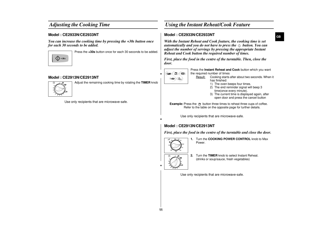 Samsung CE2913N/XSV manual Press the +30s button once for each 30 seconds to be added 