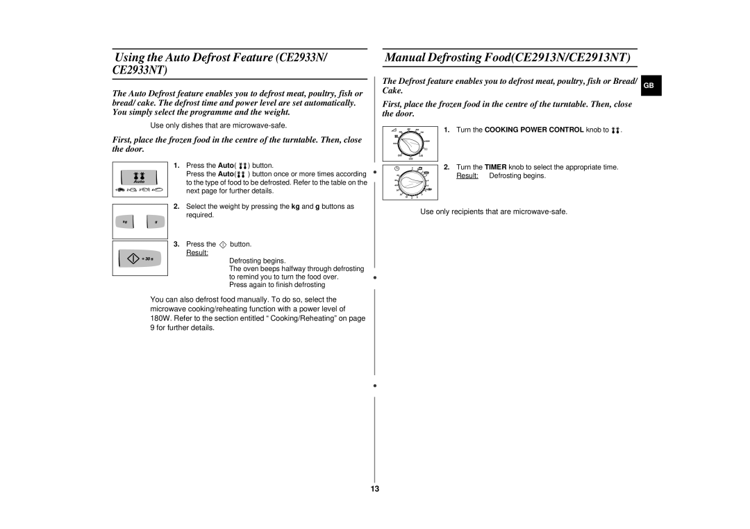 Samsung CE2913N/XSV manual Using the Auto Defrost Feature CE2933N, Manual Defrosting FoodCE2913N/CE2913NT 