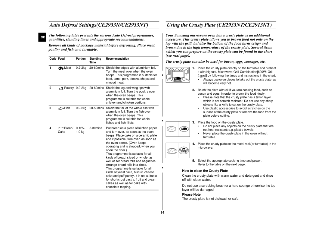 Samsung CE2913N/XSV manual Auto Defrost SettingsCE2933N/CE2933NT, Using the Crusty Plate CE2933NT/CE2913NT, Please Note 