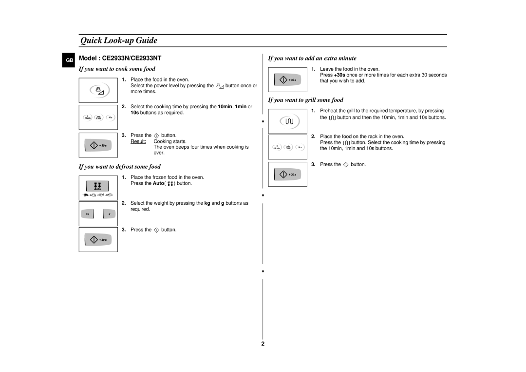 Samsung CE2913N/XSV manual Quick Look-up Guide, Model CE2933N/CE2933NT 