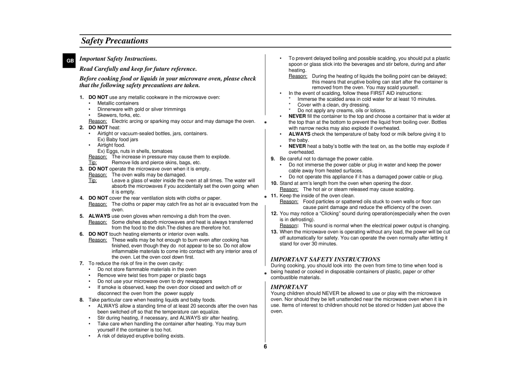 Samsung CE2913N/XSV manual Safety Precautions, Important Safety Instructions, Do not heat, It is empty 